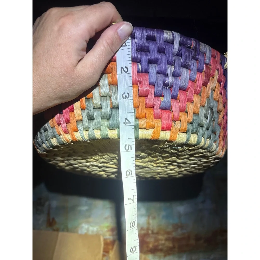 Hand Woven Multicolor Raffia Basket Round Geometric Storage Bowl with Handles